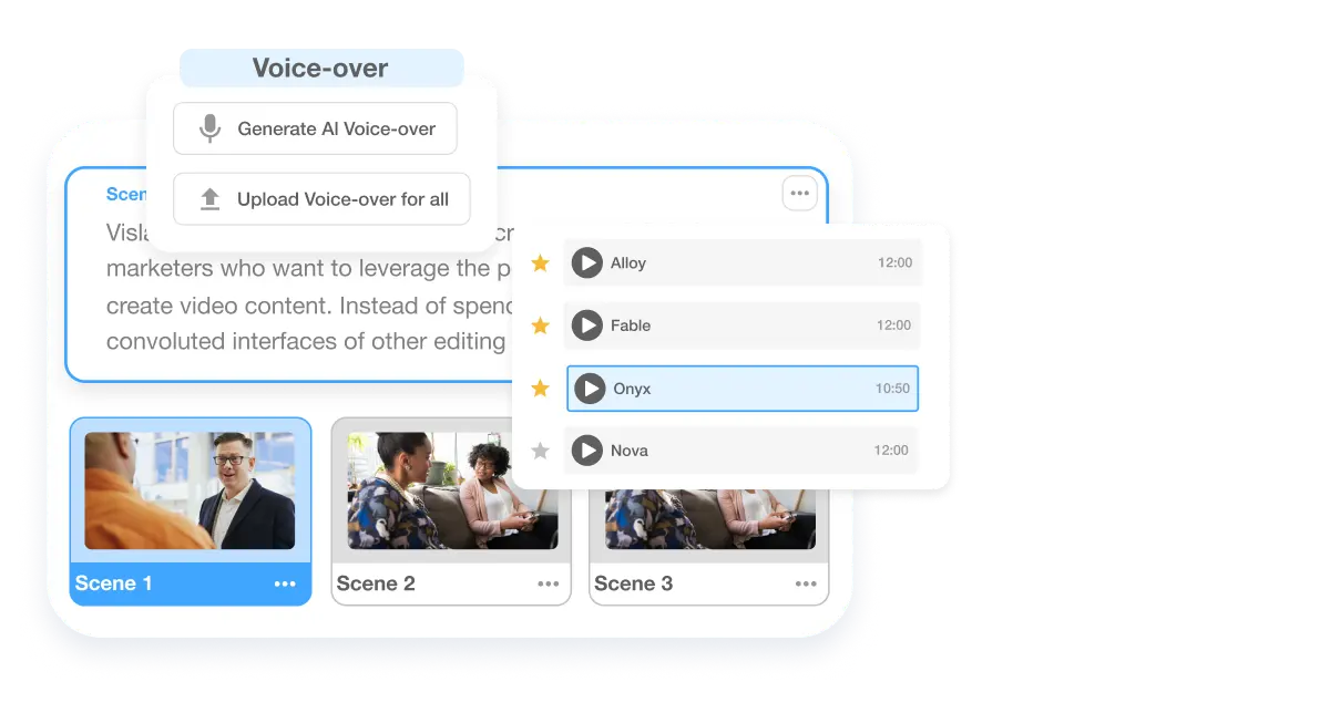 Scene-based video editing interface highlighting the 'Customize Your Narrative' feature with options for voice-over selection in Visla, enabling personalized voice recordings or AI voice styles for each scene.